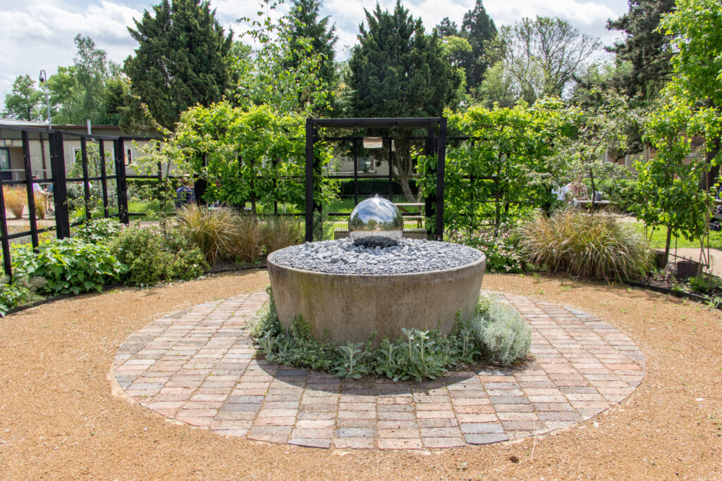 Sculptural fountain in the Secret Garden at Glenfield Hospital