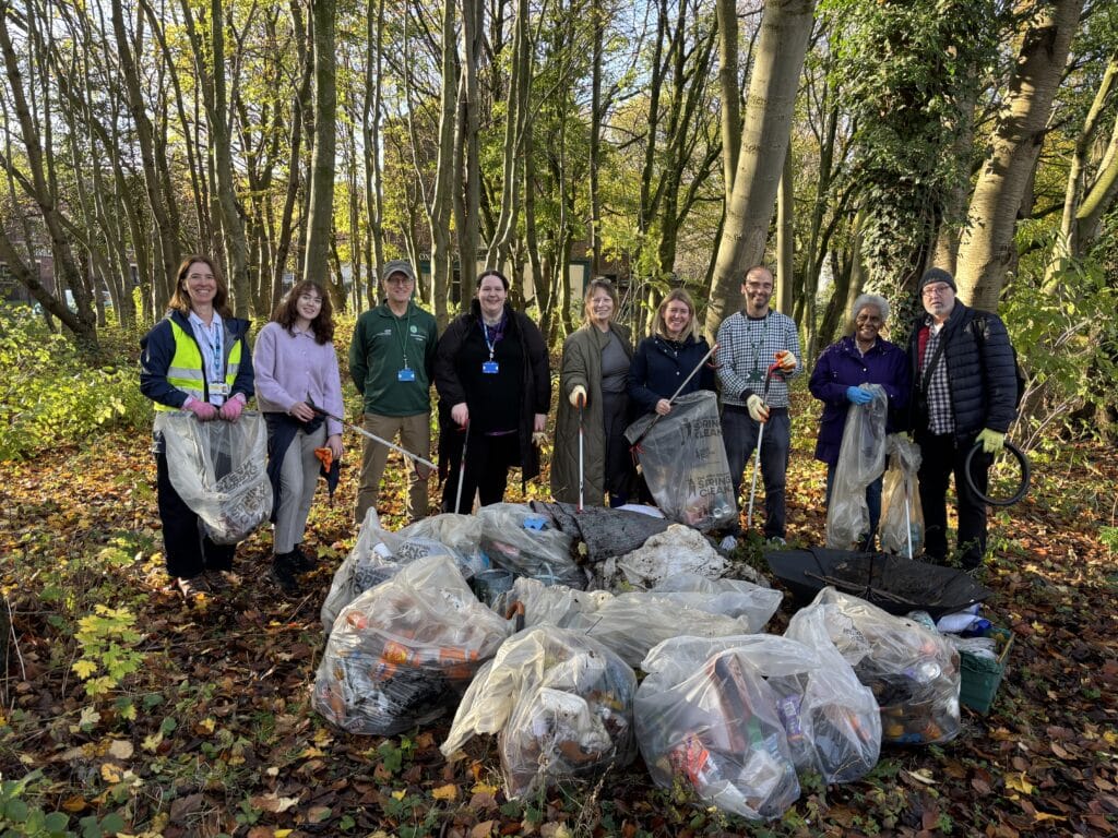 Clean up team at Grove St Open Space in Liverpool with ranger Nick White